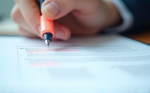 Close up of a hand with a pen reviewing a legal document with professional annotations