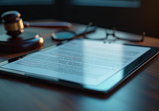 A legal professional using a tablet and magnifying glass to review detailed contract clauses