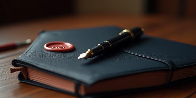 Symbolic legal seal and fountain pen on desk